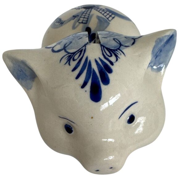Vtg Delft Blue White Ceramic Hand Painted Piggy Bank Pig Holland Windmill Gift - Picture 5 of 16